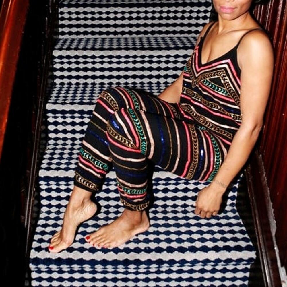 Mara Hoffman Sequin Striped Georgette Spaghetti Strap Jumpsuit black size XS - Picture 6 of 13